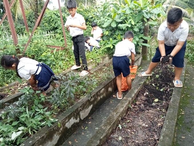Các em học sinh đang gieo hạt
